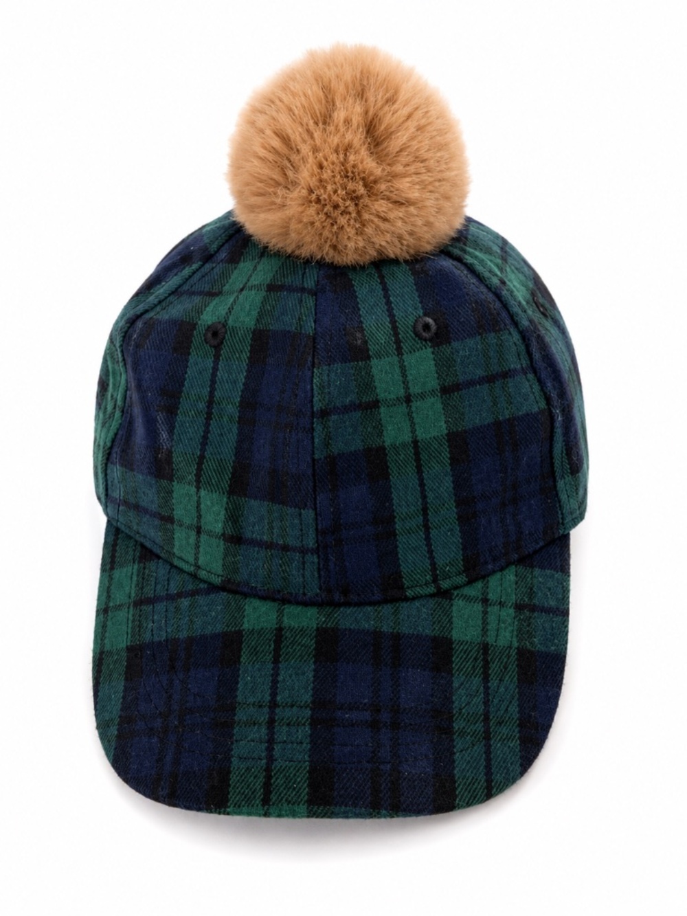 Plaid Pom Pom Baseball Cap Green Navy Adjustable Hat Faux Fur Accent